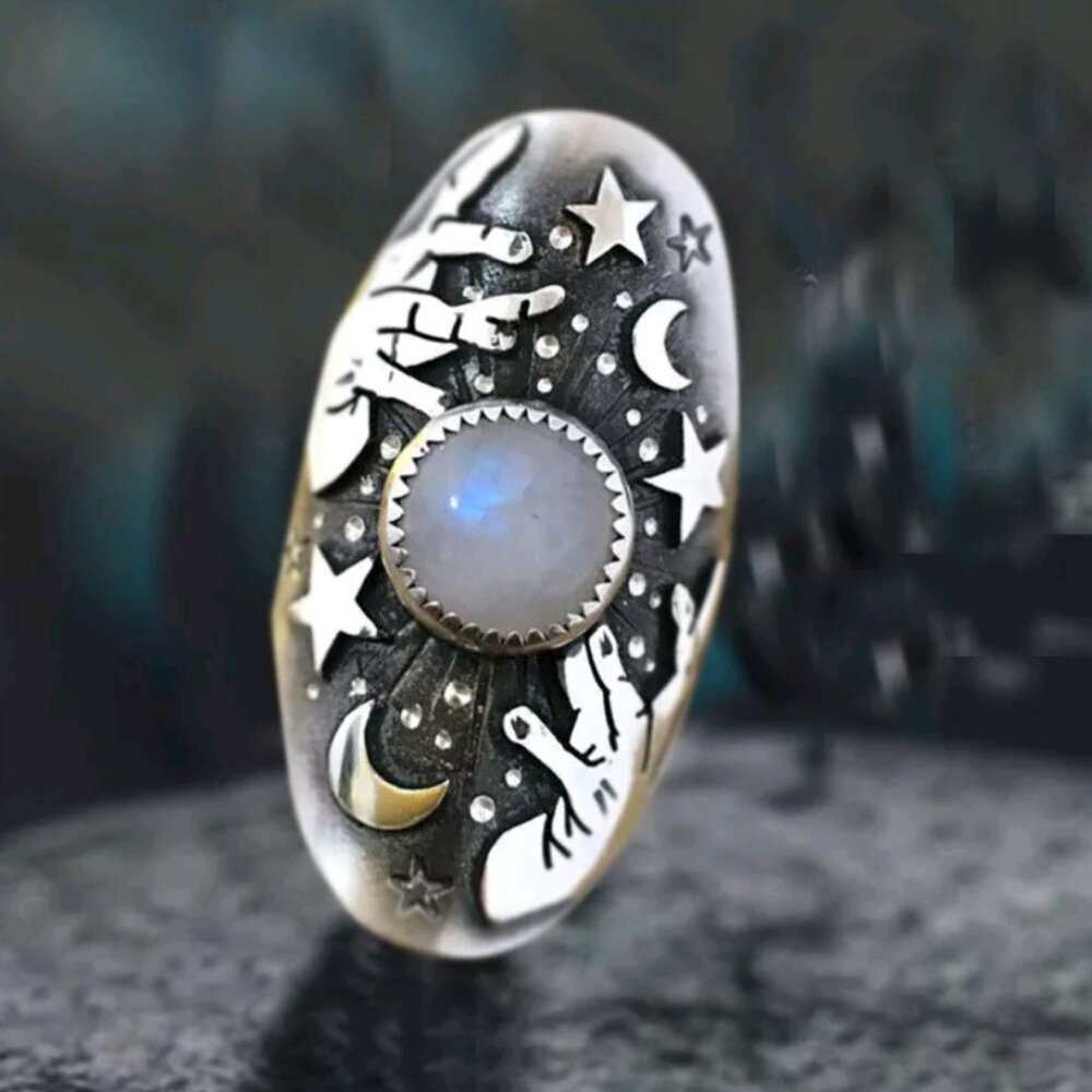 New Moonstone Ring Hands Stars & Moon Unisex Various Sizes